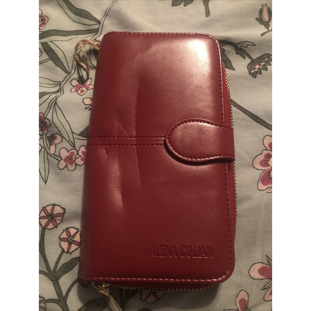 Alena Culian Red Faux Leather Wallet  Zip Around Clutch Billfold Gold Metal